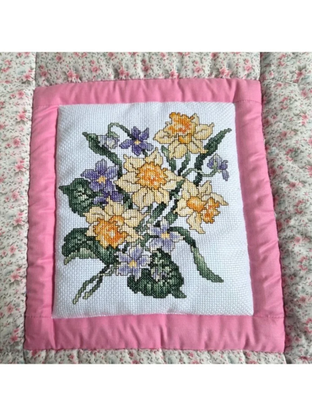 Handmade Hand Cross Stitched Embroidered Pink Floral Quilted Wall Hanging READ